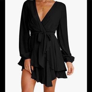 Flattering and sexy womens deep v neck waisted tie mini dress